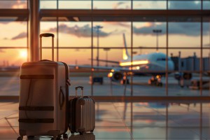 Two suitcases sit in an airport terminal as the sun sets, casting a warm glow. An airplane is visible in the background, preparing for its next journey.